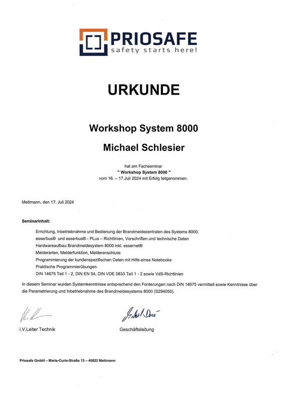 Teilnahme-Zertifikat für Michael Schlesier für ein Fachseminar Workshop System 8000
