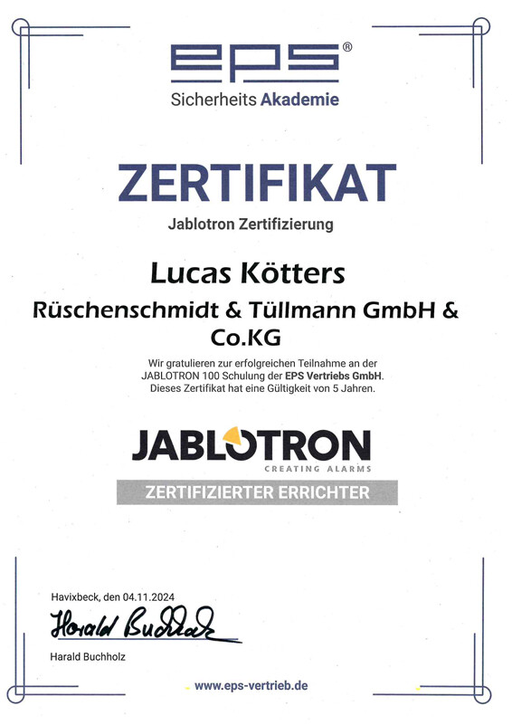 Zertifikat für Lucas Kötters zur erfolgreichen Teilnahme an der Zertifizierungsschulung von Jablotron.