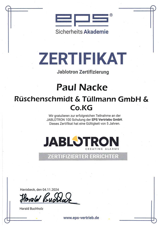 Zertifikat für Paul Nacke zur erfolgreichen Teilnahme an der Zertifizierungsschulung von Jablotron.